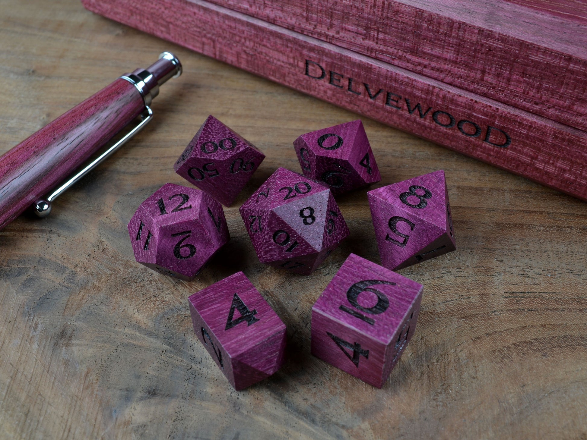 Purpleheart wooden dice set for dungeons and dragons rpg