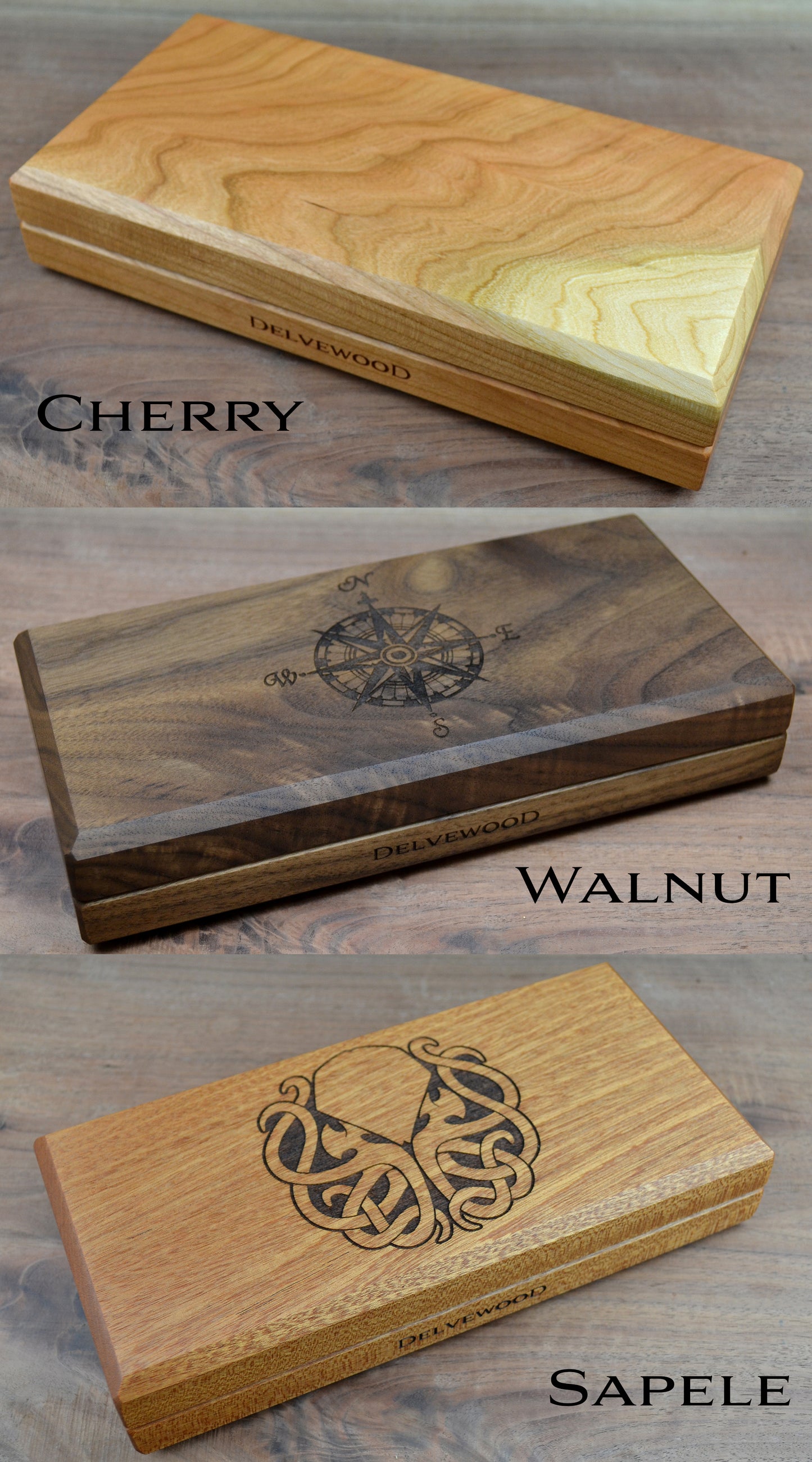 Delver's kit dice box and tray wood examples of cherry, walnut, and sapele