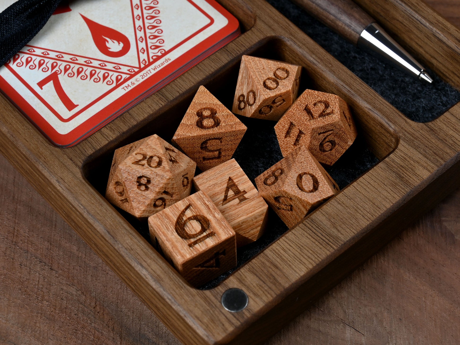 Coffeetree wood polyhedral dice set for dungeons and dragons rpg