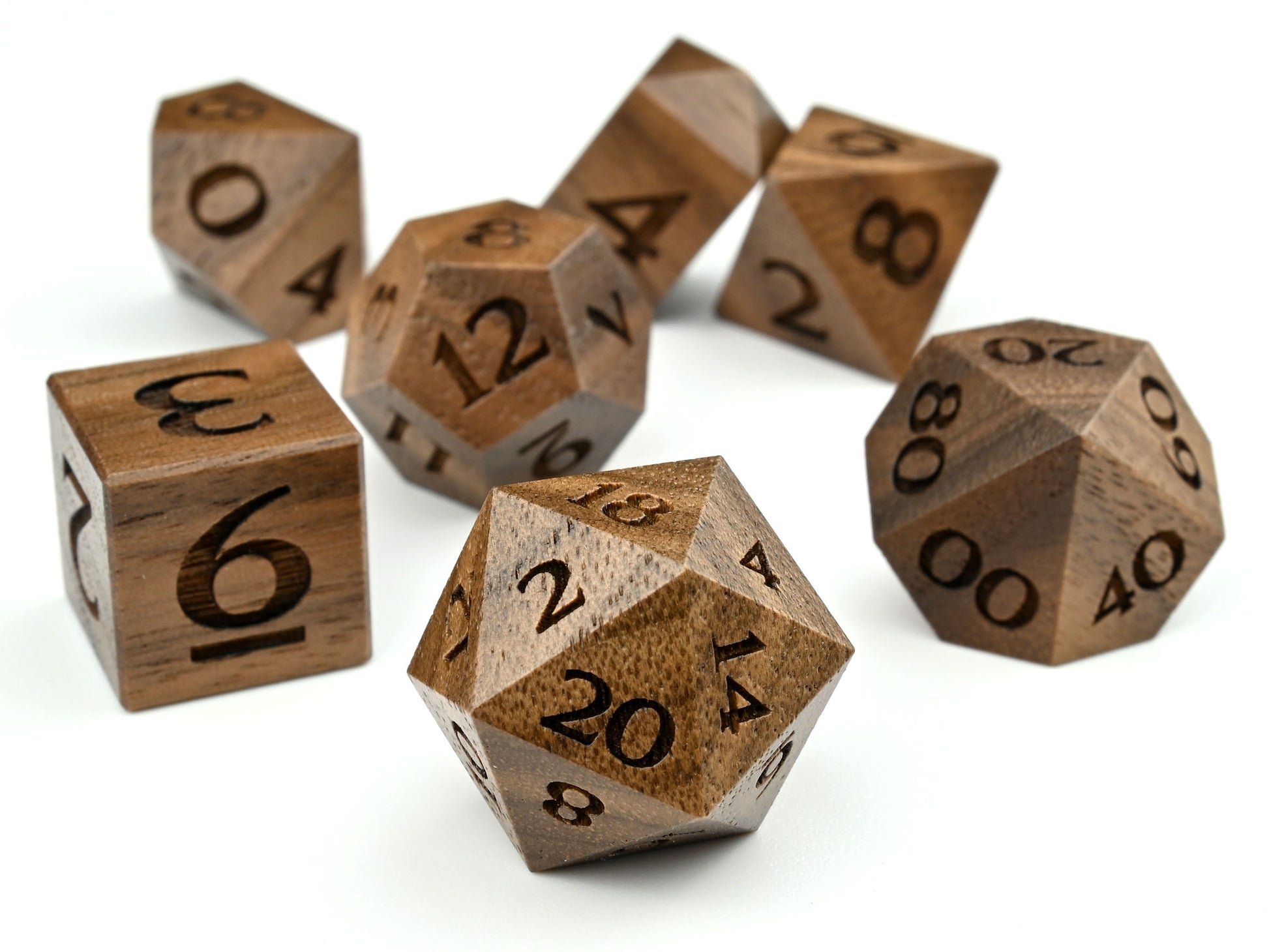 Walnut wood polyhedral dice set, dnd dice, rpg dice for dungeons and dragons.