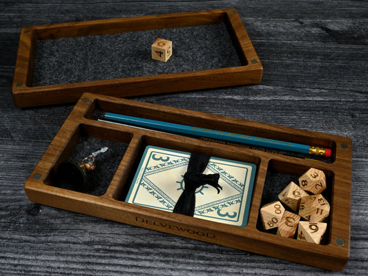 Walnut wood Delver's kit dice box and tray for dnd rpg dungeons and dragons