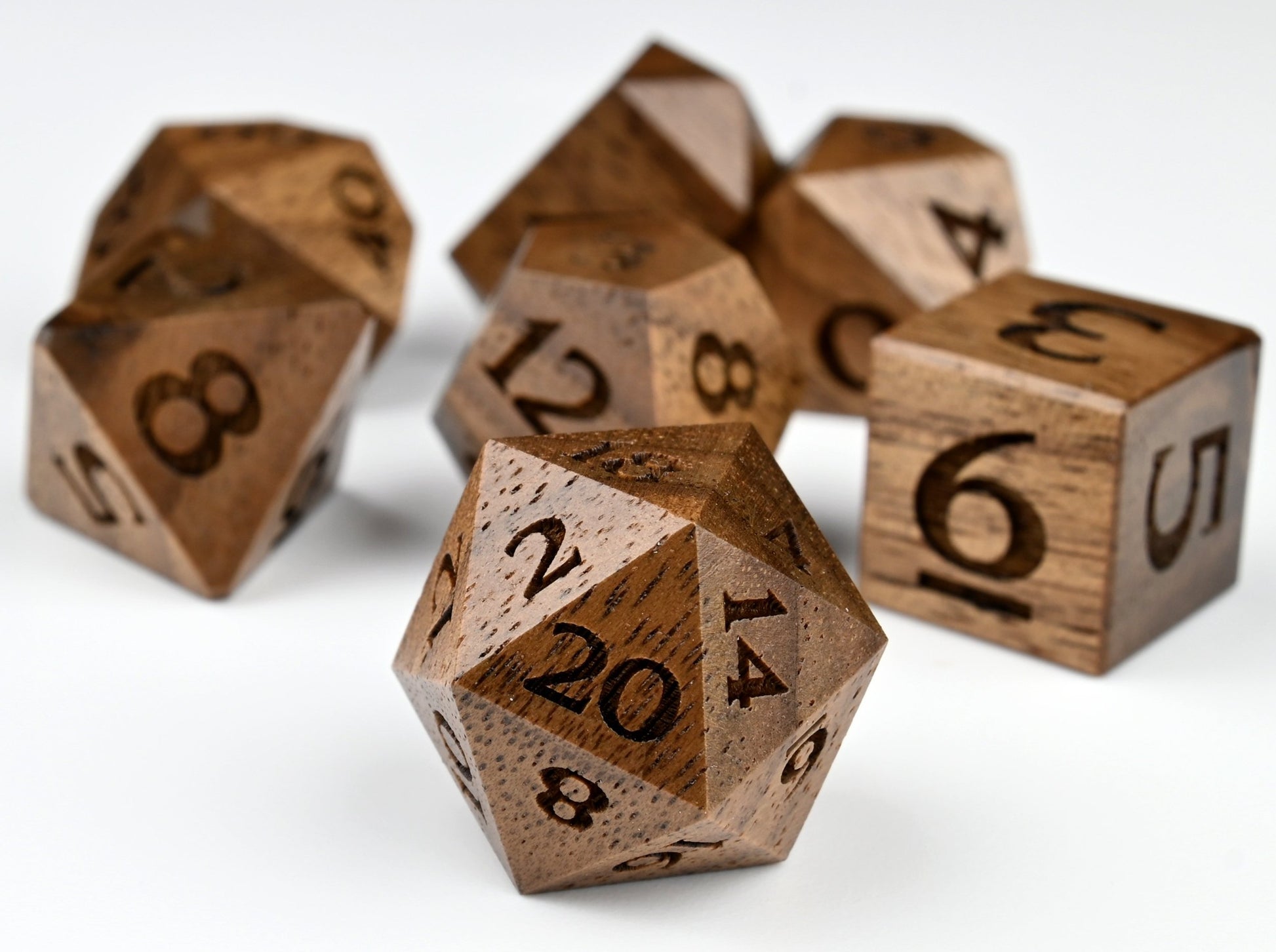 Walnut wooden dice set, dnd dice, rpg dice for dungeons and dragons.
